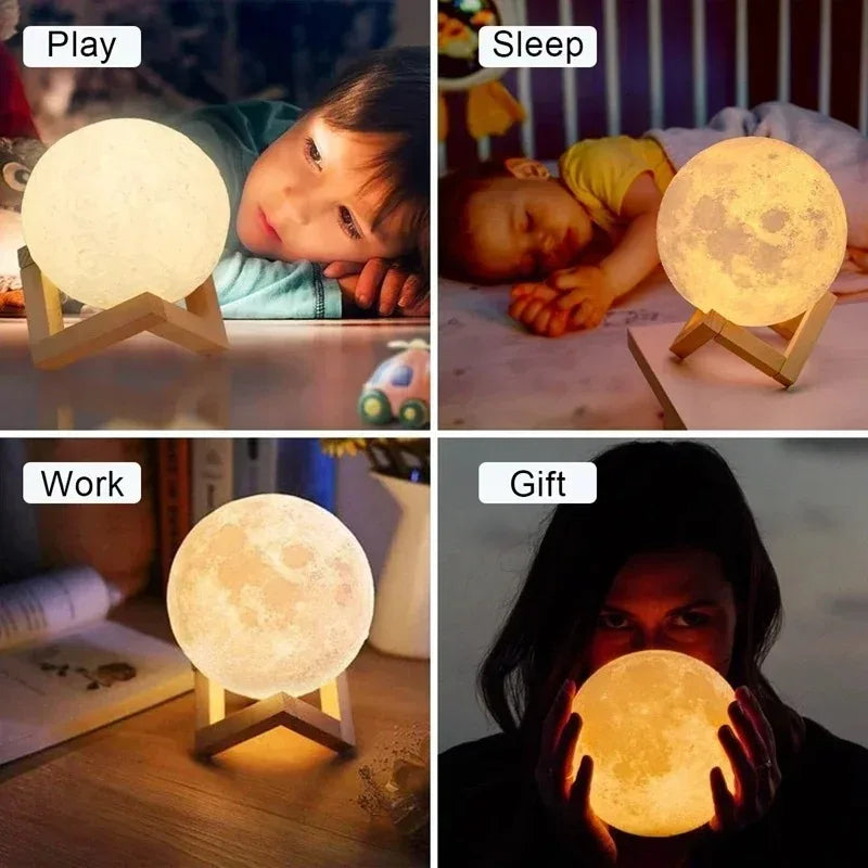 LED Night Light 3D Printed Moon Lamp, Creative Bedside Decor